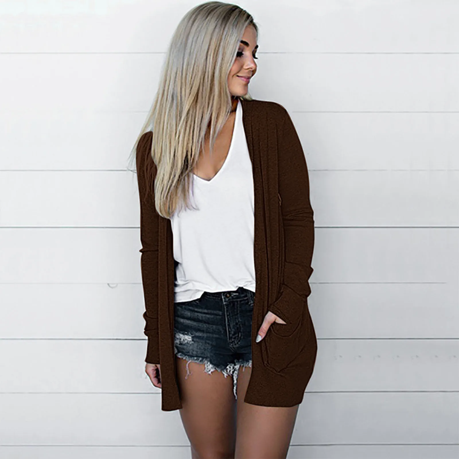 

2023 Women's Autumn and Winter Long Sleeve Solid Cardigan Tops Plus Size Oversized Women's Casual Pocket Jacket
