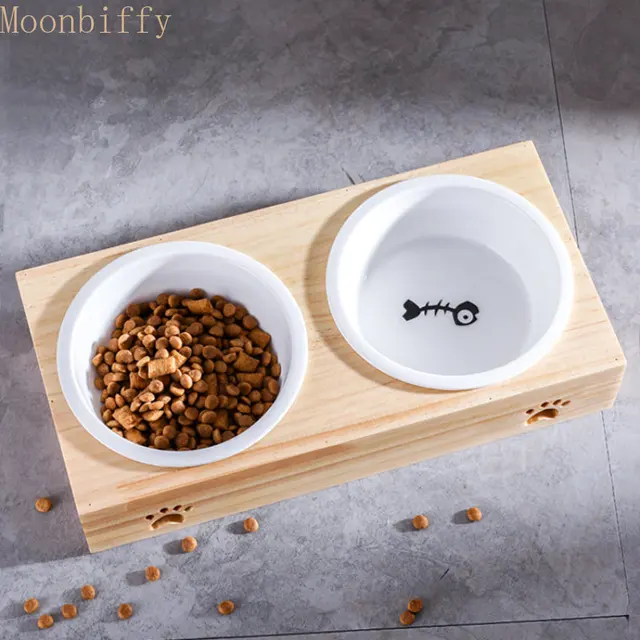 Cat Bowl Ceramic Pet Bowl Bamboo Ceramic Cat Bowl Solid Wood Pet Dining Table Drinking Dog Bowl Stainless Steel Bamboo Frame