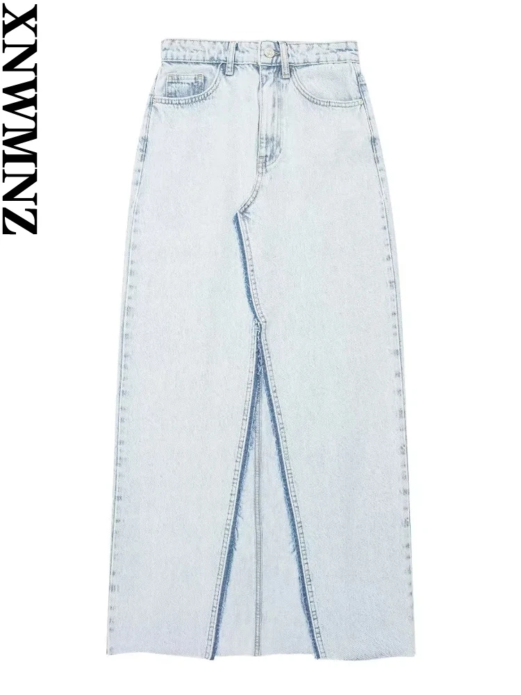 

XNWMNZ, женская модная новая джинсовая юбка миди, Женская винтажная Повседневная универсальная юбка на молнии с высокой талией и разрезом спереди
