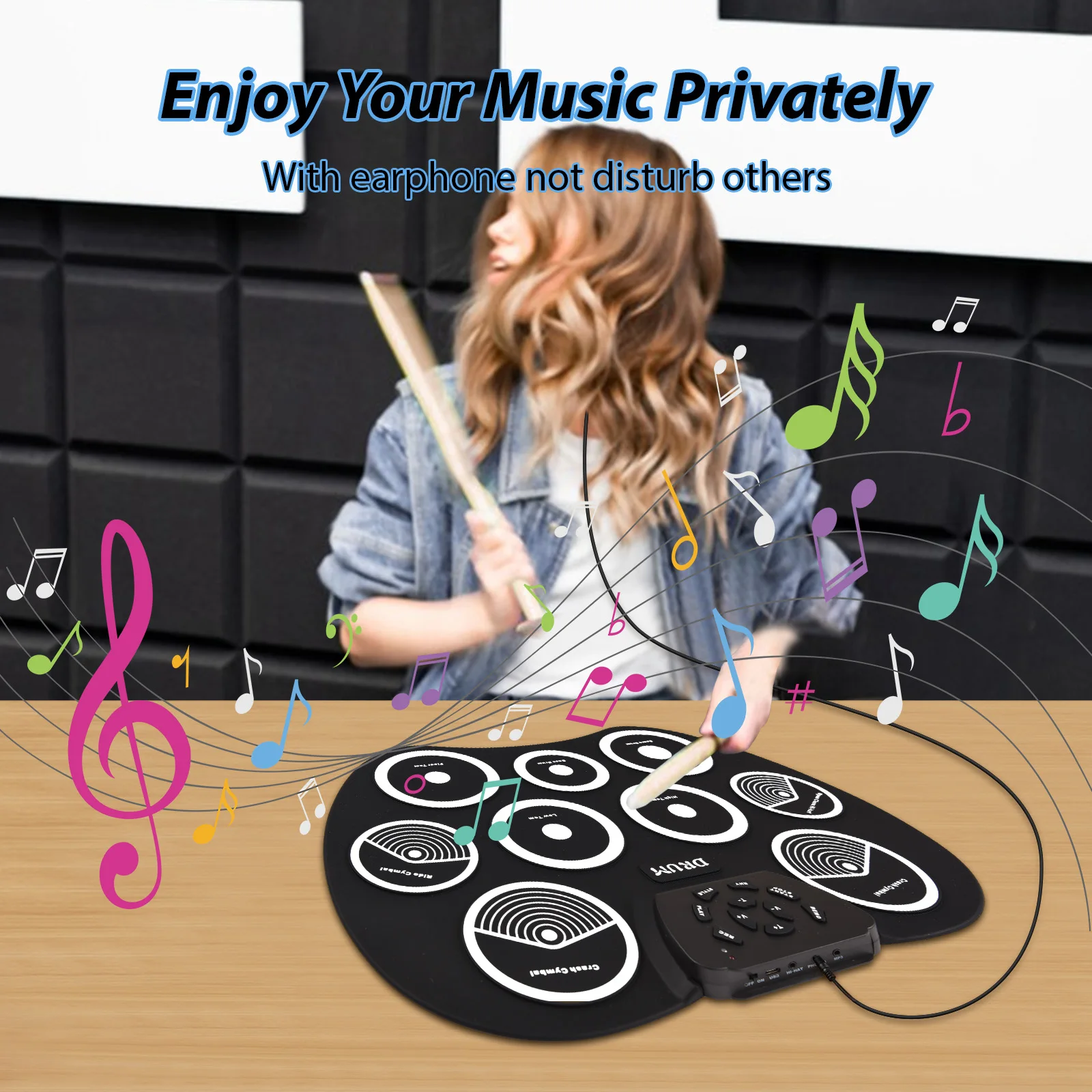Portable Drum Pad Virtual Drum Kit Electronic Drum Set Hand-rolled Drum 9 Pad MIDI Interface Supports DTX Games Portable Set Gifts with Drumsticks Pedals