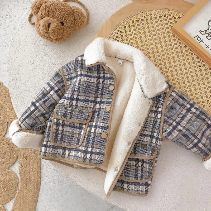 

Kids Fluffy Sweater Jacket Autumn Winter Plaid Windbreaker Coats Woolen Thicken Buttons Cardigan Outwear Top Boys Girls Clothes