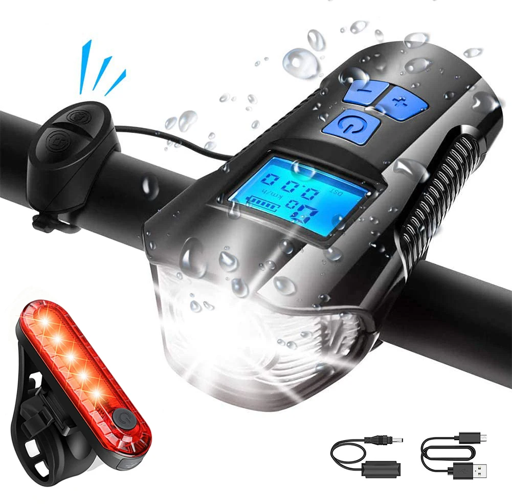 Set luci per bici, faro per bicicletta con clacson e contachilometri tachimetro, luce anteriore per bici ricaricabile tramite USB e fanale posteriore