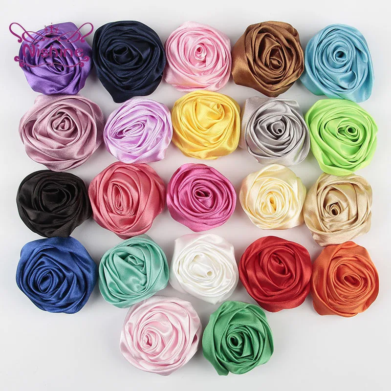 

Nishine 10pcs/lot 2" Rolled Soft Satin Rose Flowers Artifcial Solid DIY Fabric Flower for Baby Girls Kids Headwear Accessories