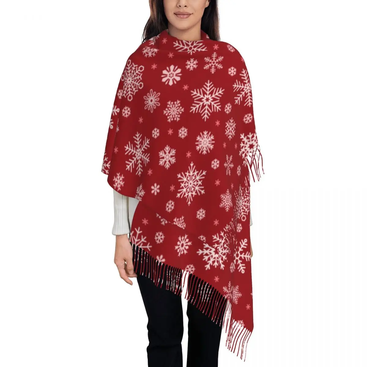 

Women's Tassel Scarf Christmas Falling Snowflake Long Soft Warm Shawl Wrap New Year Reversible Cashmere Scarf