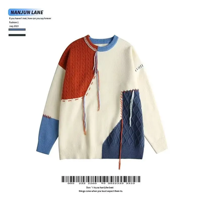 

Harajuku Patchwork Sweater Autumn Korean Style Contrast Color Knitwear Pullover Tops Men High Street Jumpers Winter Thick Couple