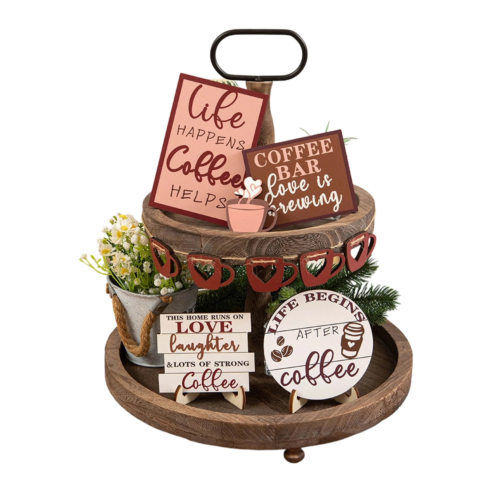 Rustic Coffee Lover s Tiered Tray Decor Set of 15 Wooden Farmhouse Table Ornaments for Home and Events