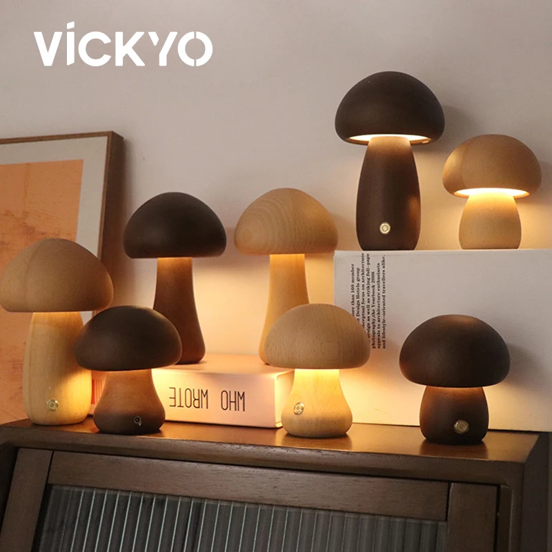 

VICKYO LED Night Light With Touch Switch Wooden Cute Mushroom Bedside Table Lamp For Bedroom Childrens Room Sleeping Night Lamps