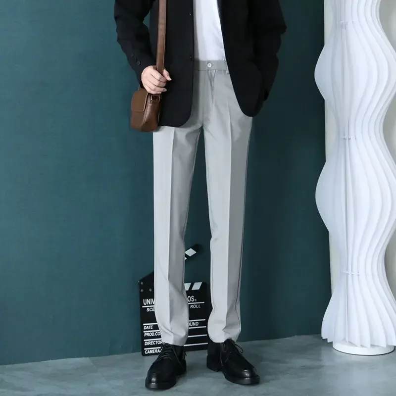 Pantalones de traje para hombre color caqui, pantalones ajustados con diseño trenzado para hombre, ropa marrón de primavera, sastrería, licra, vestido, clásico, novedad en el diseñador