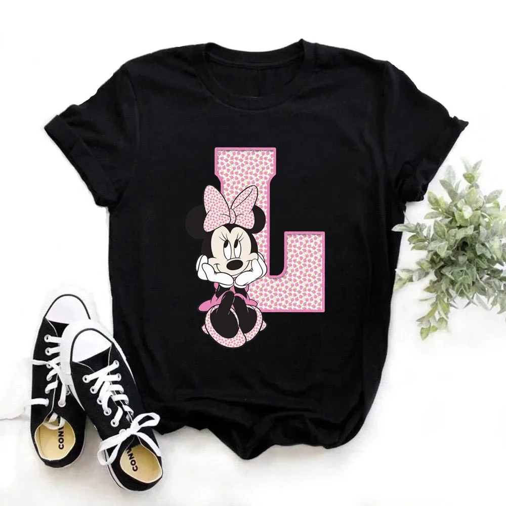 thumbnail image 1 of Camiseta de algodón para niños de Disney Minnie Mouse, divertida camiseta con estampado de 26 letras mayúsculas de la A a la Z, camisetas góticas para niñas, camisetas kawaii de verano, 1 of 5