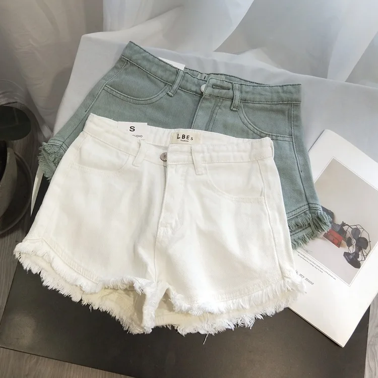 

Off white ruffled denim pants for women's summer 2023, new high waisted design, hot pants, casual wide leg loose shorts