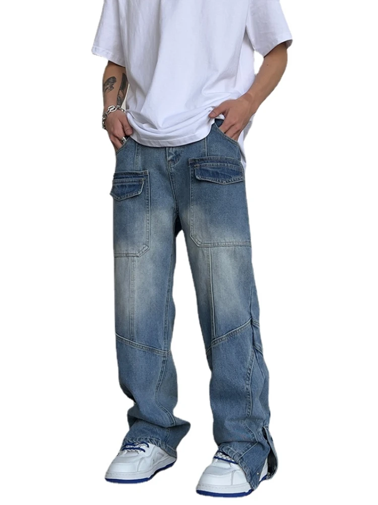 Fashion Straight Denim Jean Pants Unisex Casual Bottom Button Open Pants High Street Cargo Trousers Hip Hop Zipper Joggers Men