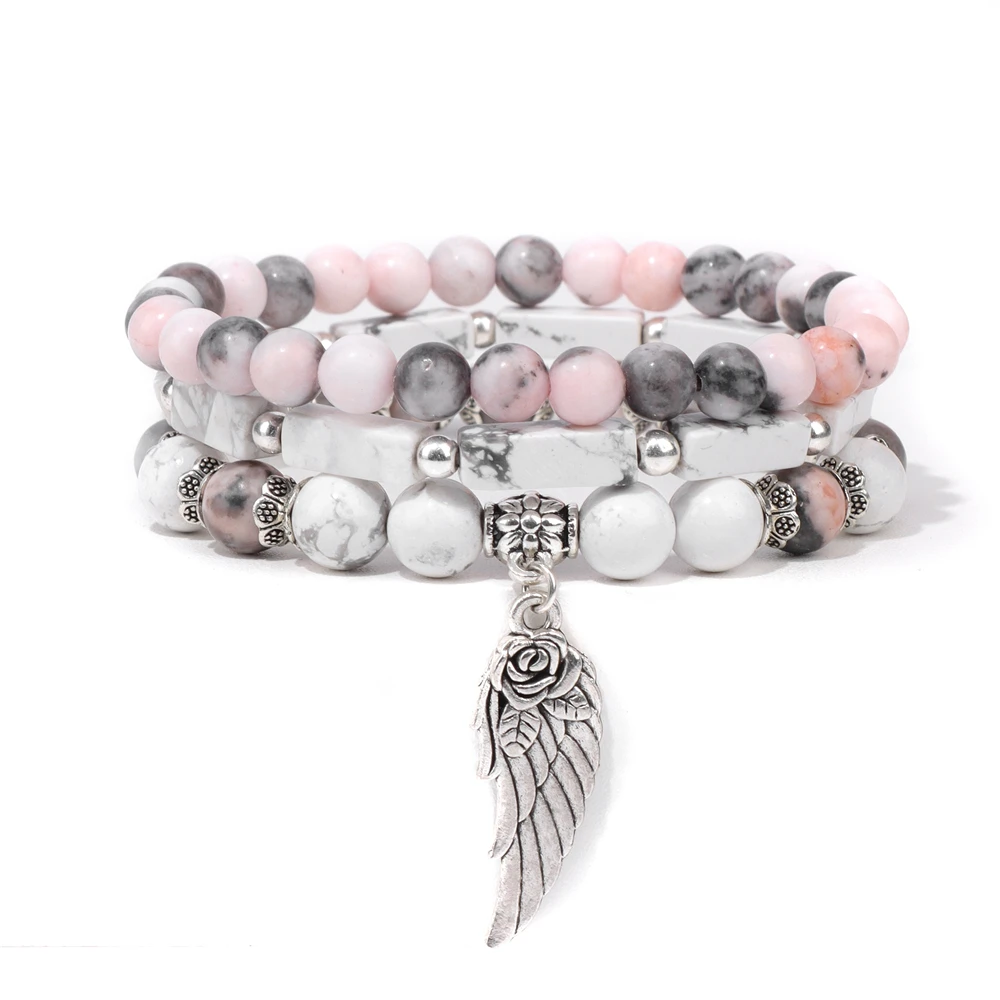 3 teile/satz Engel Flügel Charm Armbänder für Frauen Männer weiß Howlite Naturstein Feder Anhänger Glück Armband Meditation Schmuck – Detail 13
