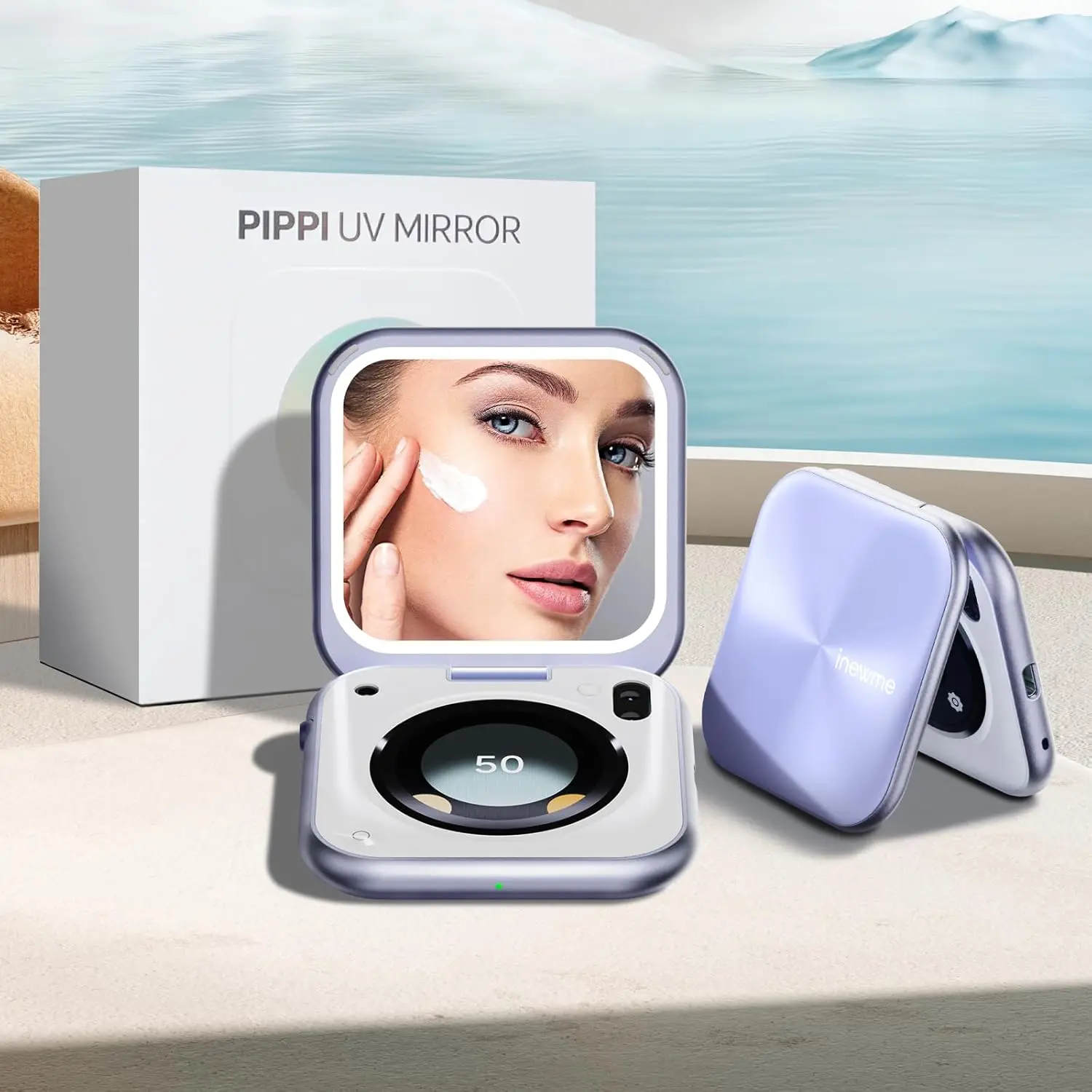 Smart UV Camera Mirror with Humidity Sensor, Portable Travel Makeup Mirror for Sunscreen Check, 3 Inch LED Lighted Compact