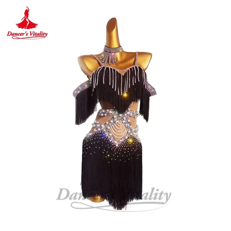 

Latin Dance Competition Fringe Dress for Girl's Performance Clothing Skirt Custom Adult Child Rumba Chacha Latin Dancing Skirts