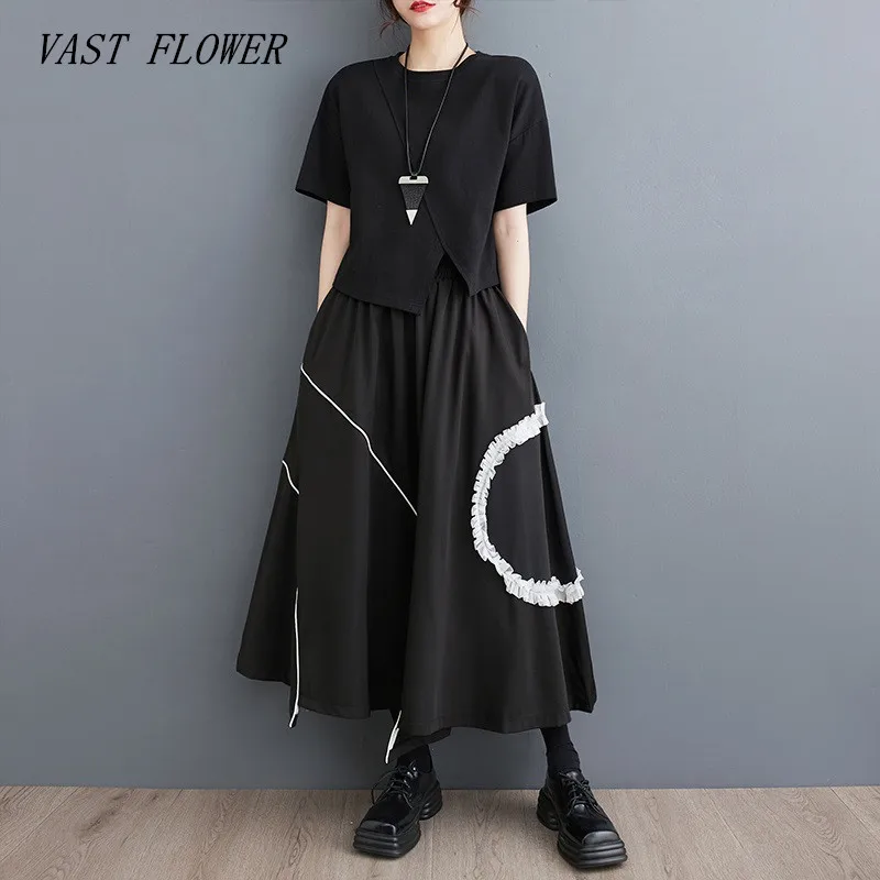

black cotton vintage Elastic high waist spring summer autumn casual loose long for woman skirts womens 2023 skirt clothing