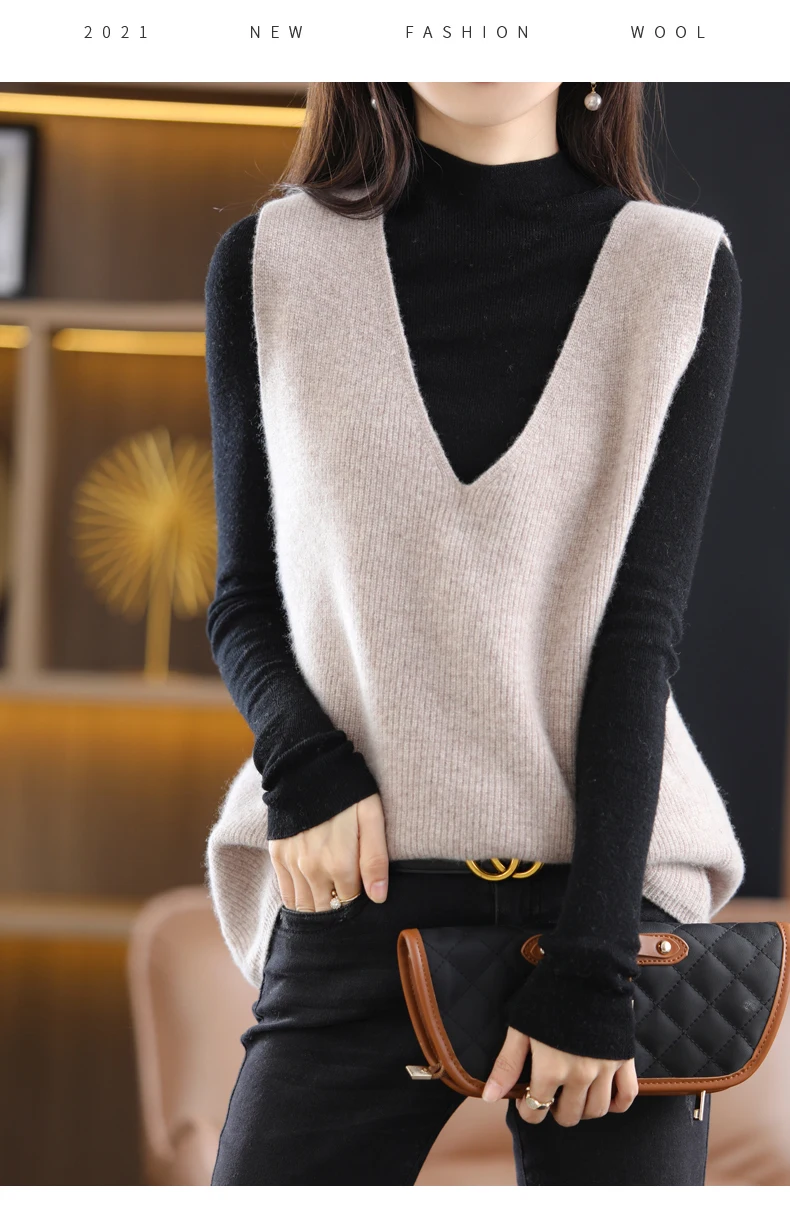 green sweater Spring And Autumn New 100% Pure Wool V-Neck Sleeveless Top Loose Fashion Temperament Knitted Pullover christmas sweatshirt