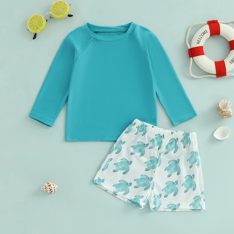 Toddler Baby Boys Rash Guard Swimsuit Set Solid Color Long Sleeve Round Neck Tops with Turtle Print Shorts 2 Pcs Set