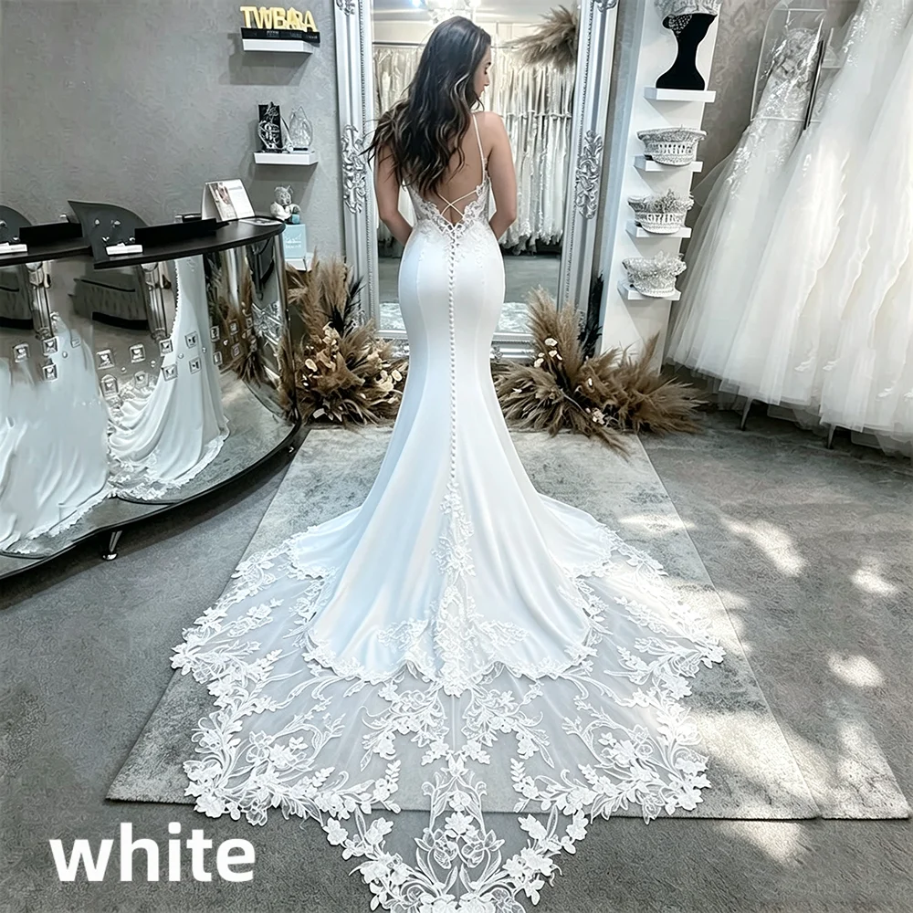Elegant Mermaid Wedding Dress Spaghetti Straps Deep V Neck Lace Appliques Backless Buttons Chapel Train Satin Bridal Gown Custom