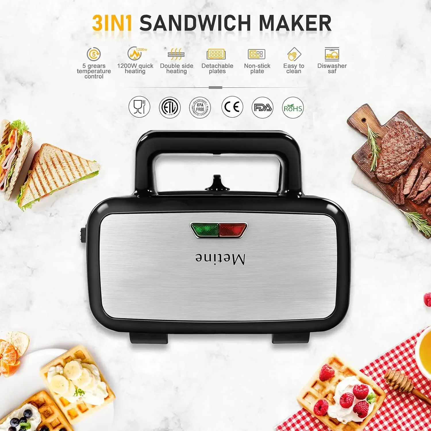 Waffle Makers, 3-in-1 Waffle Iron Panini Press Sandwich Maker with Removable Plates, 5-gears Temperature Control Non Stick 5