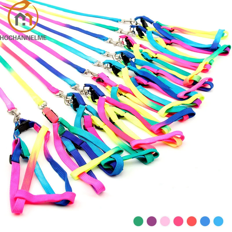 Pet Leash Kit Colorful Chest Back Traction Rope Fashion Rainbow Dog Chain Soft Puppy | Дом и сад