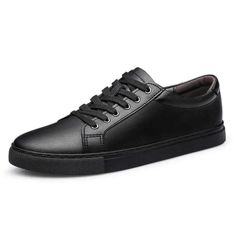 Handmade Black Leather Casual Sneakers - Mens Autumn Flats
