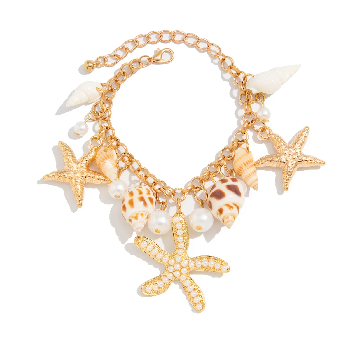 Summer Beach Ocean Starfish Shell Pendant Handmade Metal Chain Bracelet Imitation Pearl Conch Sea Star Bracelets Boho Jewelry