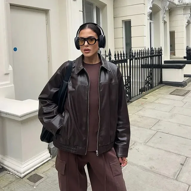 Vintage Zipper Black Collar Women's Leather Jacket Fashion Quilted Long Sleeve Pocket Coat Female New Commute Office Streetwear 2