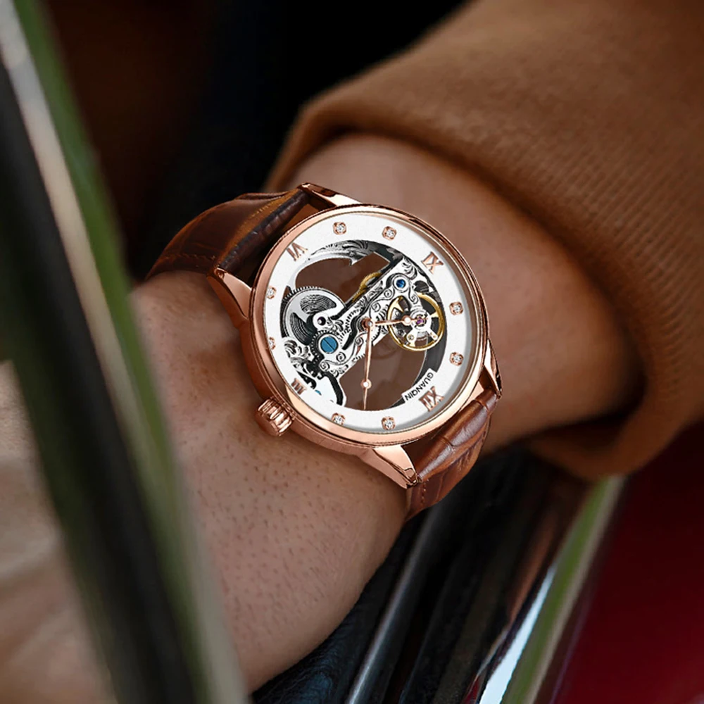 2024 New GUANQIN Men's Watches Top brand Luxury Hollow Automatic Watch For Men Mechanical Wristwatches Waterproof Sports Leather