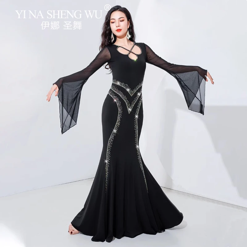 

Belly Dance Dress Women Iraq Hair Swing Robe Slim Fit Dress Long Flared Sleeves Senior Spandex Kawleeya Dance Performance Dress