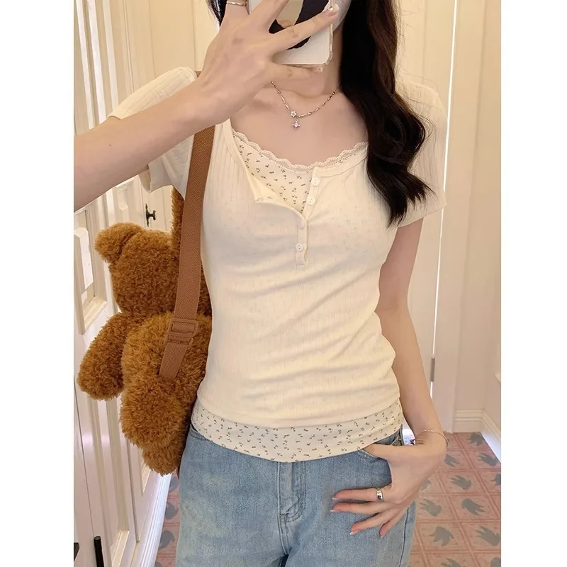 

Ароматизированная Кружевная футболка с коротким рукавом для женщин на весну/лето, новый дизайн, острый топ из двух частей для девушек