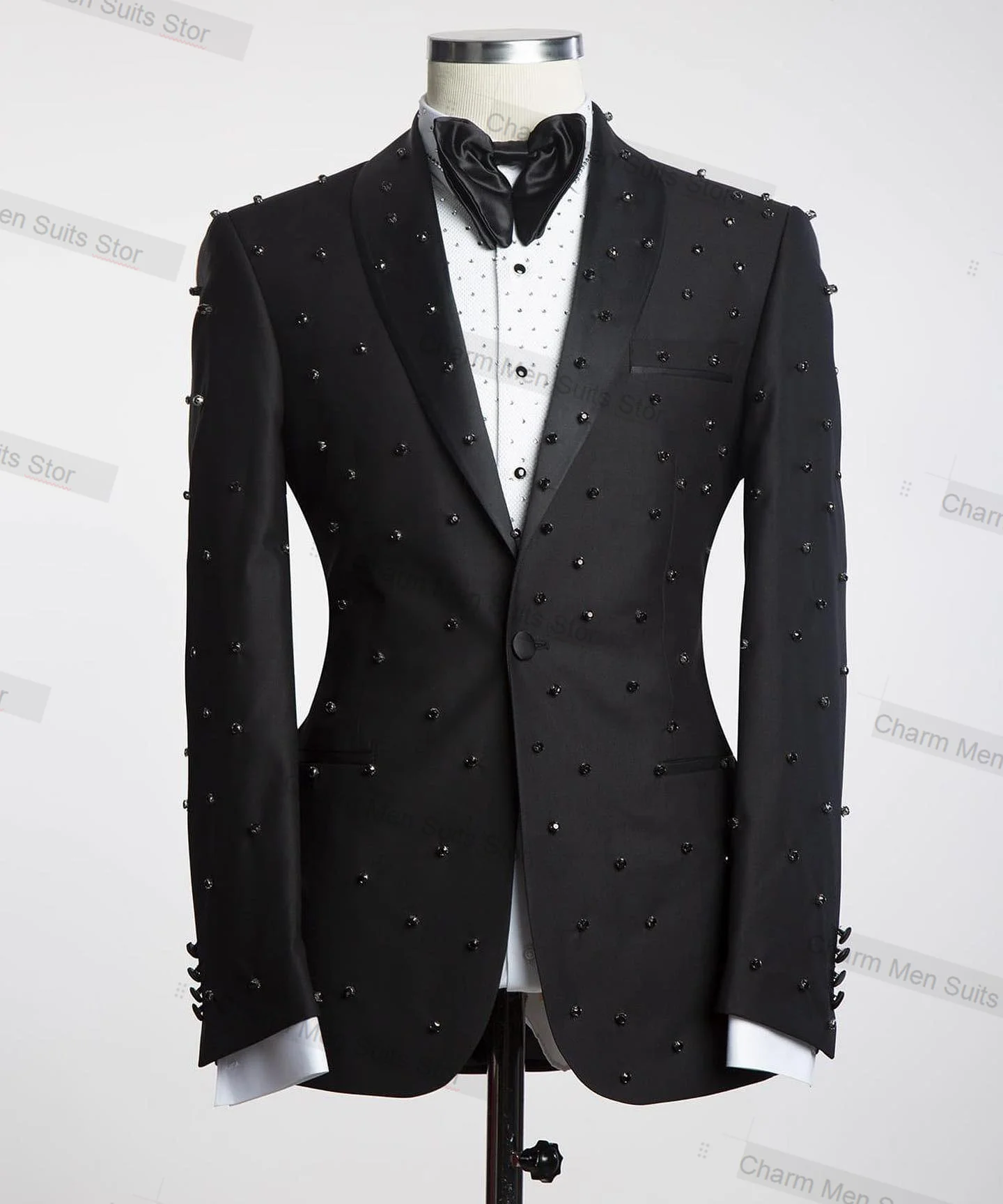 

High Quality Men Suits Set 2 Piece Blazer+Pants Black Beads Tailor Made Jacket Formal Office Business Groom Wedding Tuxedo Coat