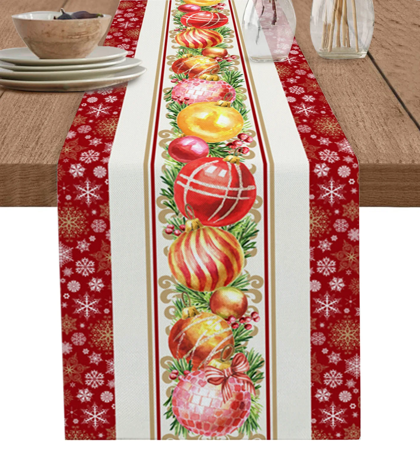 

Merry Christmas Snowflake Balls Table Runner Holiday Party Decor Kitchens Dining Tablecover Wedding Home Decoration Tablecloth