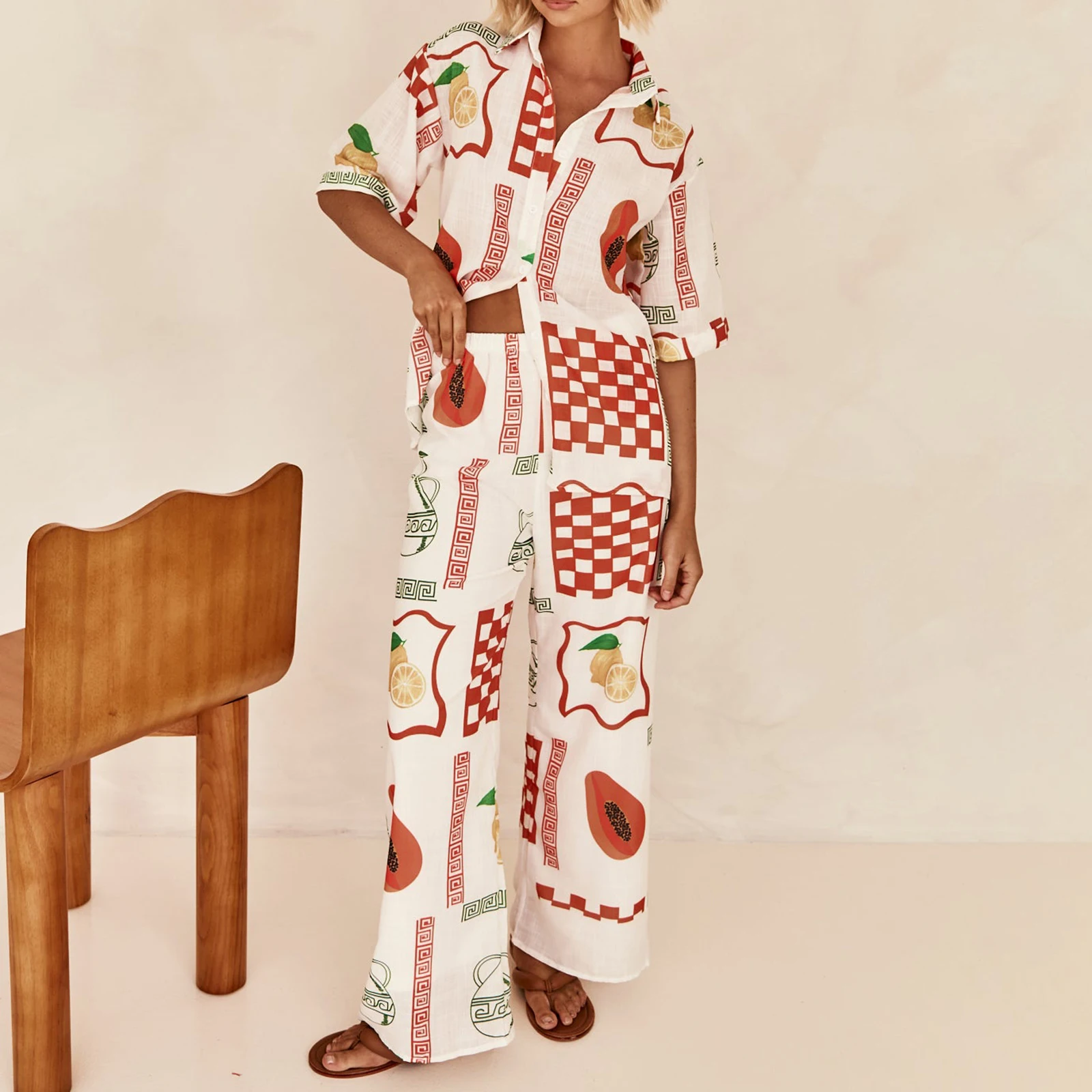 

Женский летний комплект из 2 предметов, рубашка с коротким рукавом и принтом фруктов, топ с эластичным поясом и длинные брюки