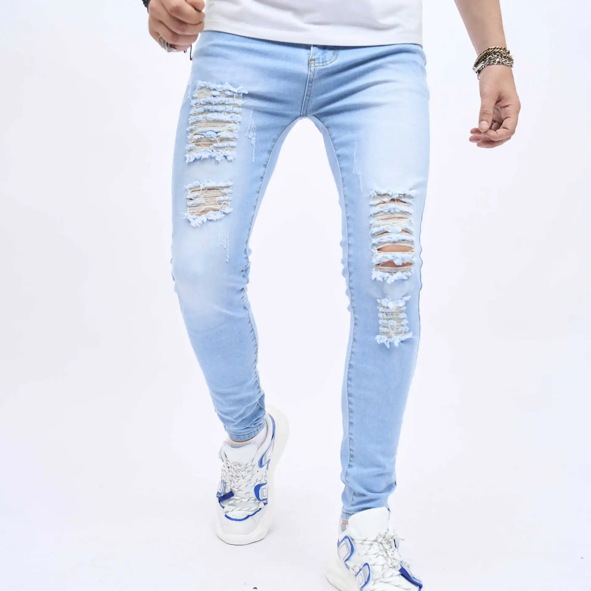 Men Hole Slim Jeans Cotton Stretchy Ripped Skinny Men's Denim Pants High Quality Brand Hip Hop Street Oversize Male Jeans Blue