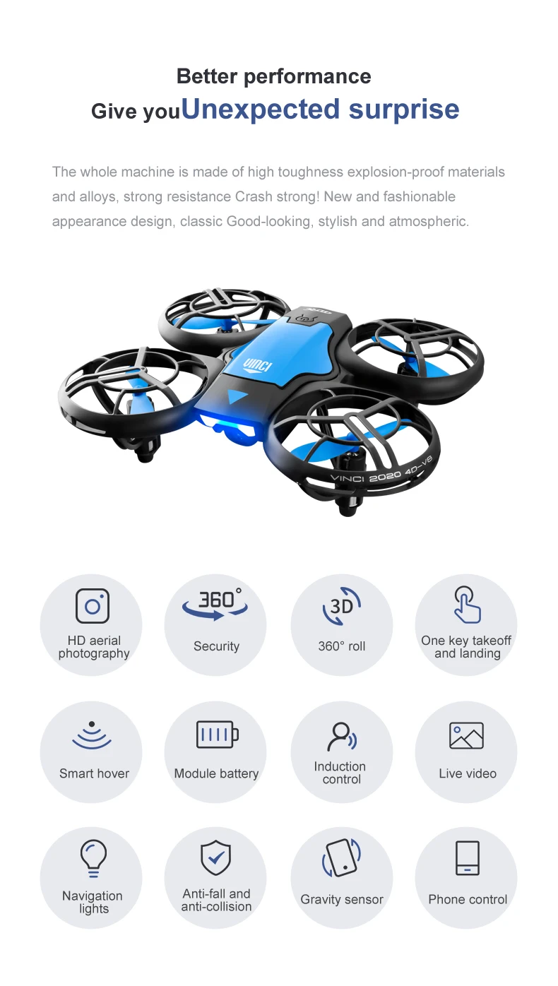 Description Picture 5 of itemNew V8 Mini Smart Drone WiFi FPV 8K HD Aerial Camera with Protective Cover Tumbling LED Light Quadcopter Children's Toy Gift