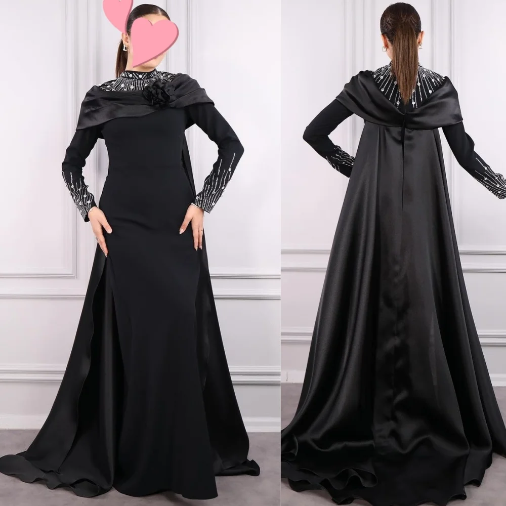Evening Jersey Beading Flower Homecoming A-line High Collar Bespoke Occasion Gown Long Dresses Saudi Arabia