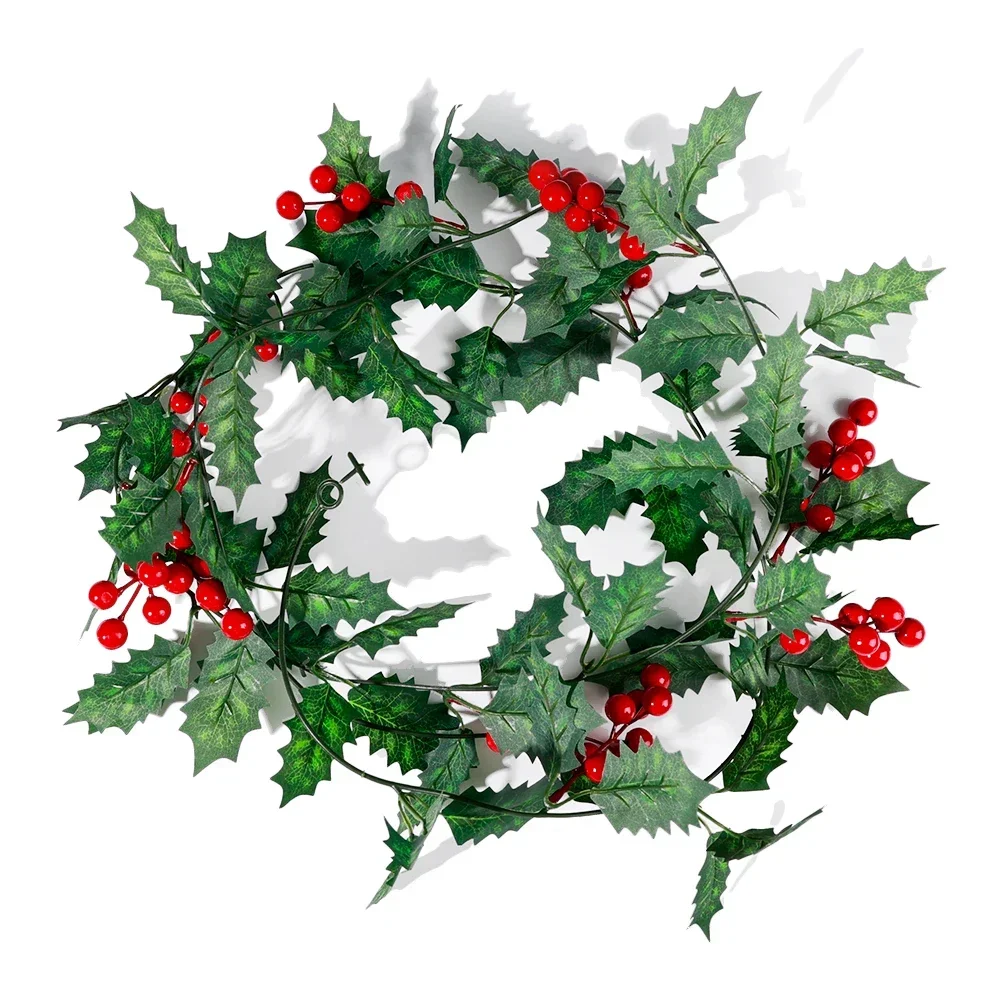 Artificial Plants Christmas Holly Berry Vines Fake Green Leaves Hanging Garlands with Light Strings for Home Party Xmas Decor