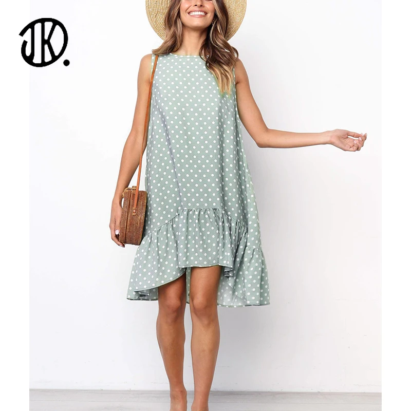 

Cute Style Polka Dot Sleeveless Print Dress Round Neck Loose Ruffled Mini Dresses Ladies Large Size 3XL Chiffon Summer Vestidos