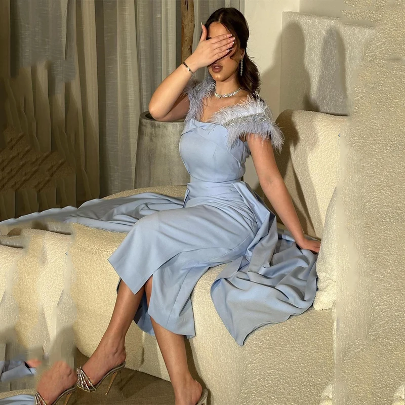 

Luxury Sky Blue Prom Dresses Mermaid Strapless Sleeveless Feather Evening Party Gowns Formal Party Occasion Robe De Soirée