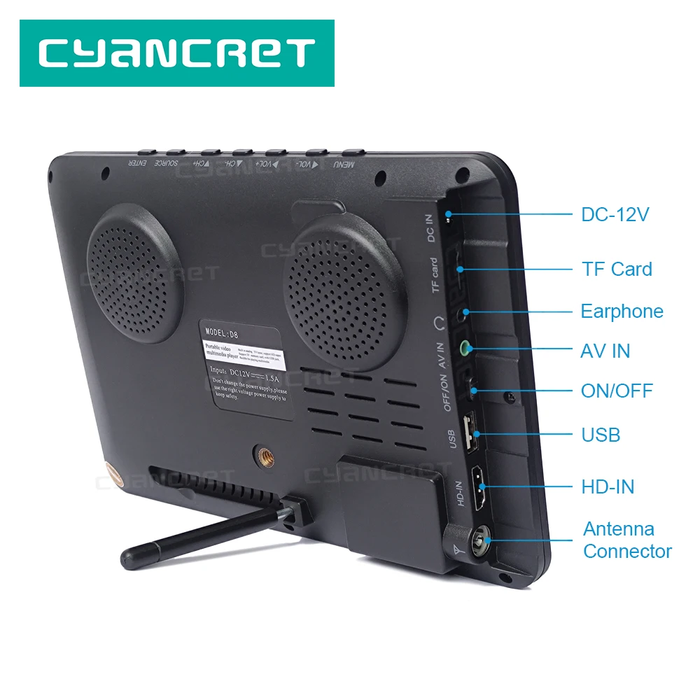 리드스타 D8 휴대용 TV 8인치 DVB-T2 ATSC ISDB-T TDT 디지털 및 아날로그 미니 소형 차량용 텔레비전 USB TF MP4 H.265 AC3 지원