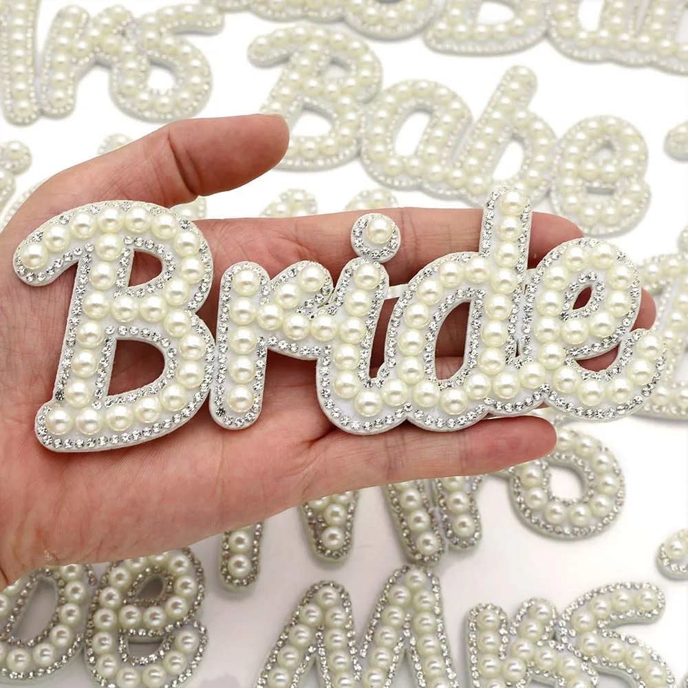 5pcs Bride Rhinestone Iron On Patches,Letter Sew On Patches,Glitter