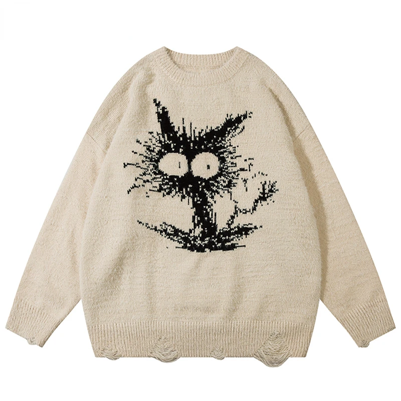 

Autumn Men Knitted Jumper Sweaters Hip Hop Funny Cat Knitwear Streetwear Harajuku Fashion Casual Pullovers Clothing Black Khaki