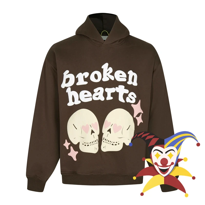 

Puff Print Broken Hearts Skull Print BROKEN PLANET Hoodie Men Women Brown Pullovers Hooded