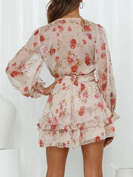 Women Spring Casual Mini Dress Floral Print Deep V-Neck Tie-Up Long Sleeve Sweet Dress Fashion Ruffles Dress 2