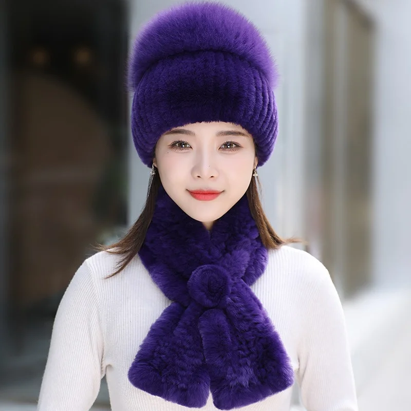 

New hat fur Rex rabbit hair hat fox hair princess hat scarf two-piece set Korean version fashionabie and versatile