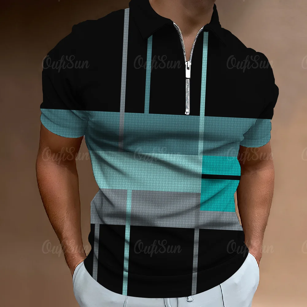 

Men'S Zip Polo 3d Print Graphic Square Caucal Stripes Lapel Polo Shirt Man Simple Golf Shirt Short Sleeves Top Tees Men Clothing