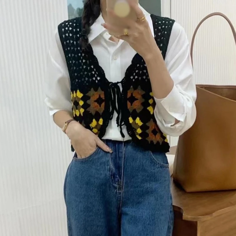 여성용 크로셰 미니 조끼, 중공 니트, 격자무늬 레이스 업 민소매 가디건