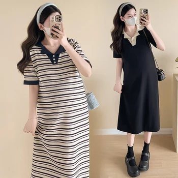 Summer pregnant woman nursing dress lace patchwork peter pan collar stripe maternity short sleeve pregnancy cotton feeding shirt