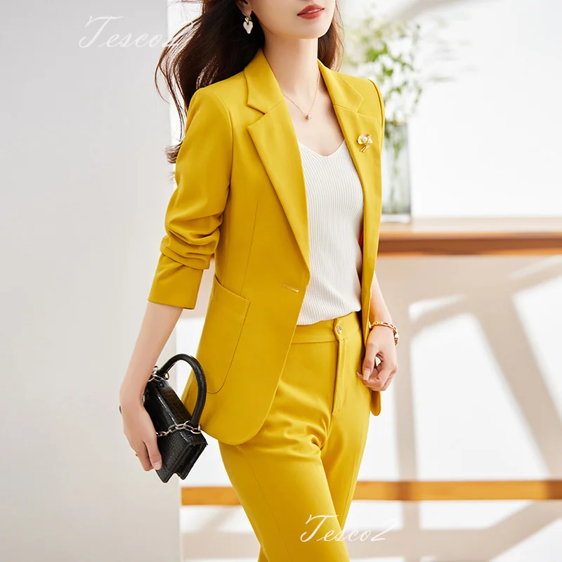 Tesco Vibrant Yellow Women's Suit Sets Single Button Blazer And Pants 2 Piece Formal Pantsuit For Wedding Party Female Outfits
