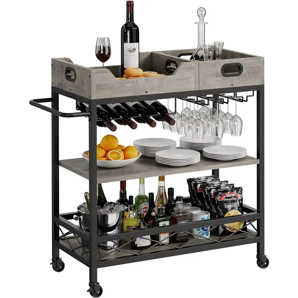 

Wine Rack Industrial Serving Cart for Kichen Home and Kitchen Two Portable Trays Glasses Holder Barware Dining Bar Freight free